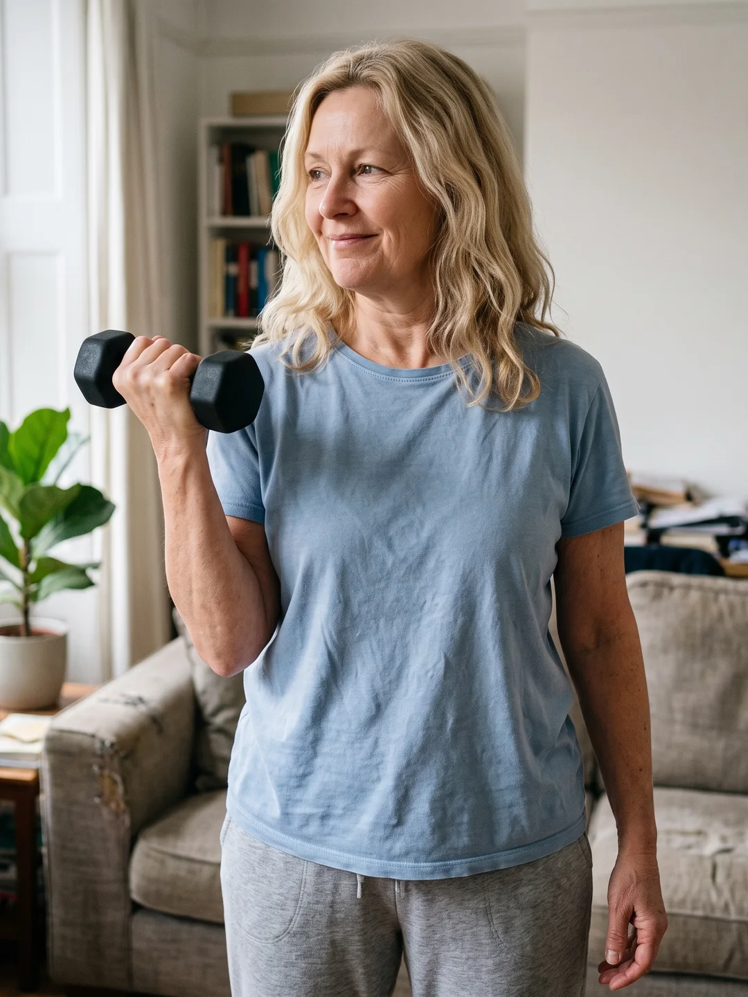 A woman in her fifties standing in her living room, holding a single dumbbell.