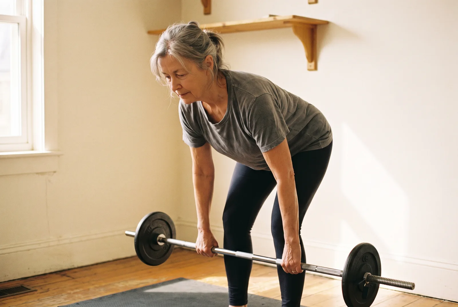 A woman in her sixties at the bottom of a hip hinge with a loaded barbell, in a plain room.